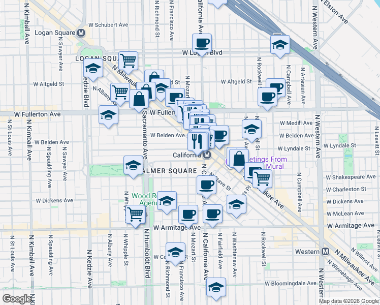 map of restaurants, bars, coffee shops, grocery stores, and more near 2842 West Palmer Street in Chicago