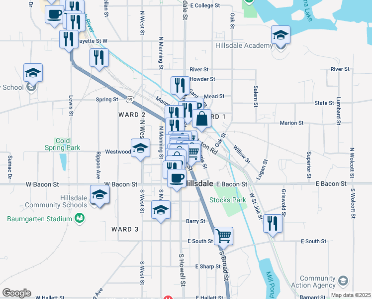 map of restaurants, bars, coffee shops, grocery stores, and more near 73 North Broad Street in Hillsdale
