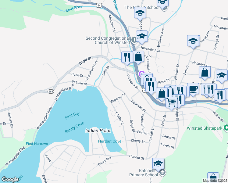 map of restaurants, bars, coffee shops, grocery stores, and more near 227 Rockwell Street in Winsted