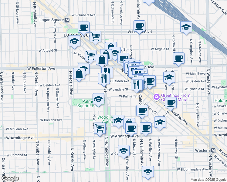 map of restaurants, bars, coffee shops, grocery stores, and more near 2931 West Lyndale Street in Chicago