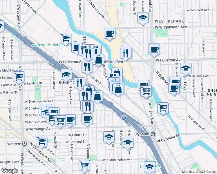 map of restaurants, bars, coffee shops, grocery stores, and more near 2231 North Lister Avenue in Chicago