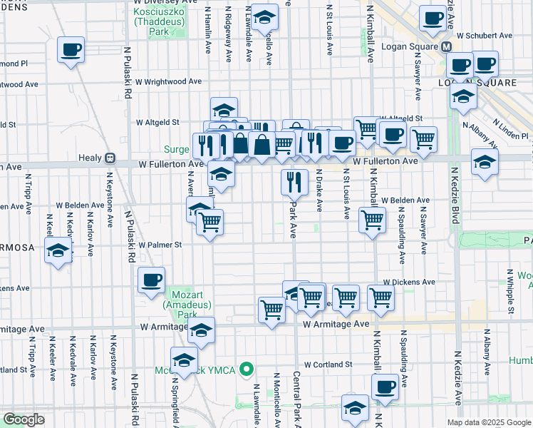 map of restaurants, bars, coffee shops, grocery stores, and more near 2242 North Monticello Avenue in Chicago