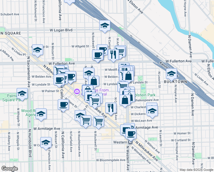 map of restaurants, bars, coffee shops, grocery stores, and more near 2516 West Palmer Street in Chicago