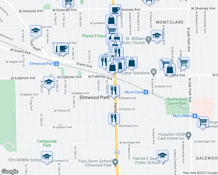 map of restaurants, bars, coffee shops, grocery stores, and more near 2313 North 72nd Court in Elmwood Park