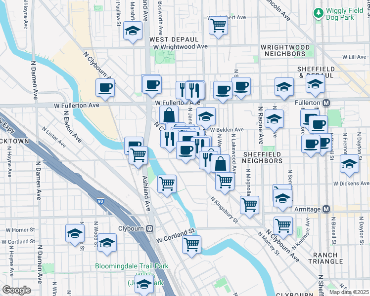 map of restaurants, bars, coffee shops, grocery stores, and more near 2237 North Clybourn Avenue in Chicago