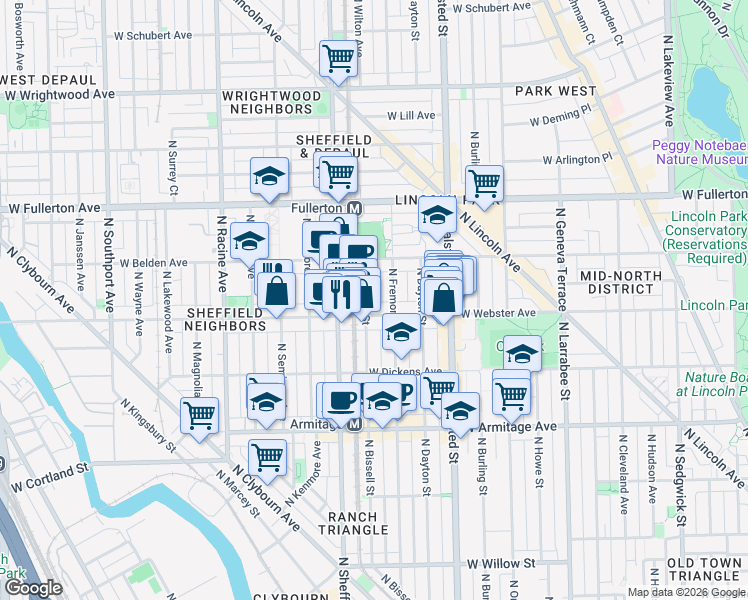 map of restaurants, bars, coffee shops, grocery stores, and more near 940 West Webster Avenue in Chicago