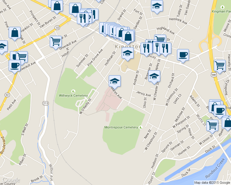 map of restaurants, bars, coffee shops, grocery stores, and more near 113 Marys Avenue in Kingston