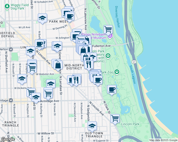 map of restaurants, bars, coffee shops, grocery stores, and more near 400 West Webster Avenue in Chicago