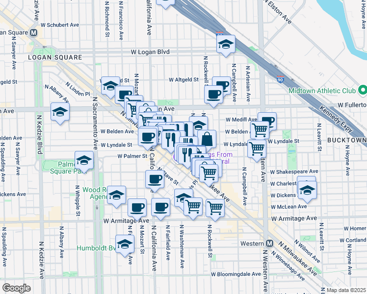 map of restaurants, bars, coffee shops, grocery stores, and more near 2249 North Milwaukee Avenue in Chicago