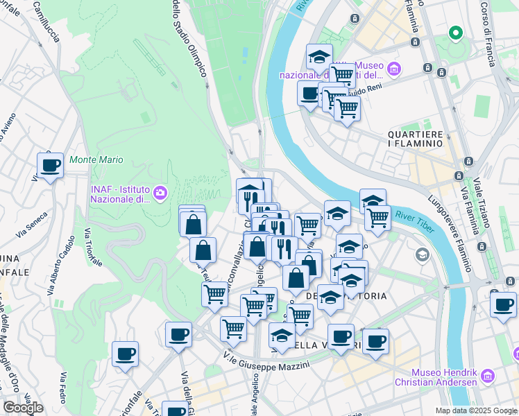 map of restaurants, bars, coffee shops, grocery stores, and more near 291 Piazzale Maresciallo Giardino in Roma