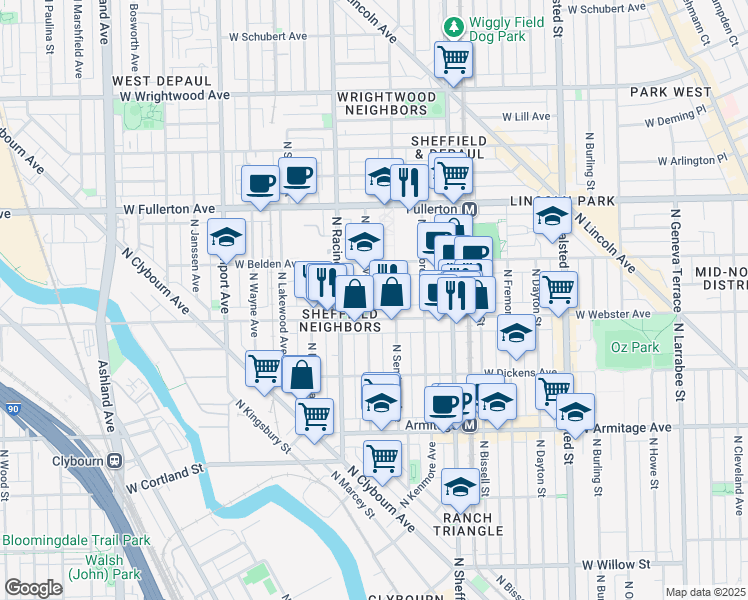 map of restaurants, bars, coffee shops, grocery stores, and more near 2215 North Clifton Avenue in Chicago
