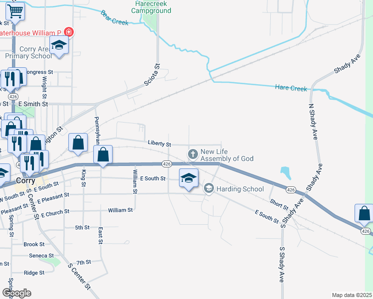 map of restaurants, bars, coffee shops, grocery stores, and more near 138 Railroad St in Corry