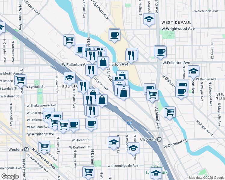 map of restaurants, bars, coffee shops, grocery stores, and more near 2235 North Lister Avenue in Chicago