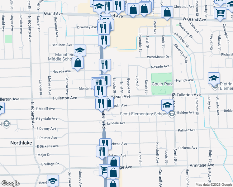 map of restaurants, bars, coffee shops, grocery stores, and more near 2403 Lincoln Street in Franklin Park