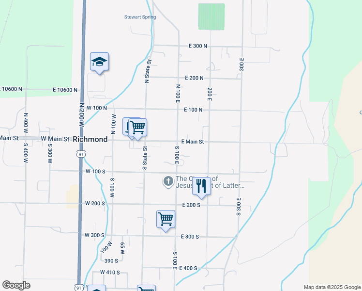 map of restaurants, bars, coffee shops, grocery stores, and more near 33 South 100 East in Richmond