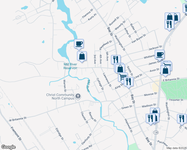 map of restaurants, bars, coffee shops, grocery stores, and more near 39 Cottage Street in Taunton