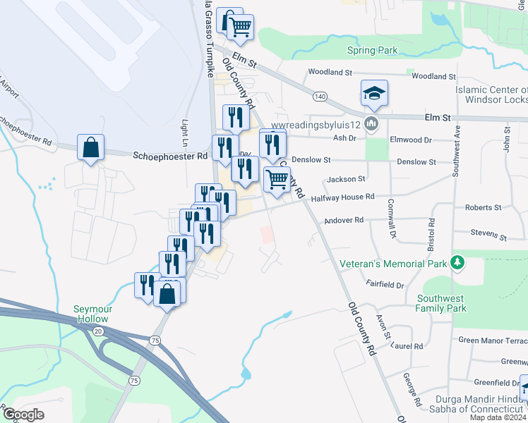 map of restaurants, bars, coffee shops, grocery stores, and more near 565 Halfway House Road in Windsor Locks