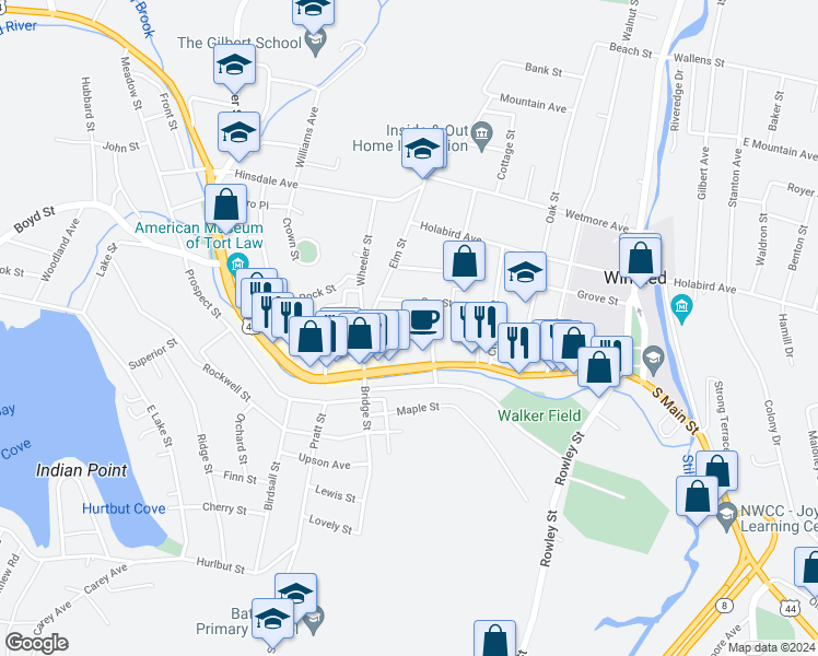 map of restaurants, bars, coffee shops, grocery stores, and more near 33 Center Street in Winsted