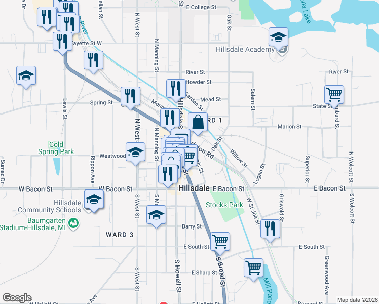 map of restaurants, bars, coffee shops, grocery stores, and more near 73 North Broad Street in Hillsdale