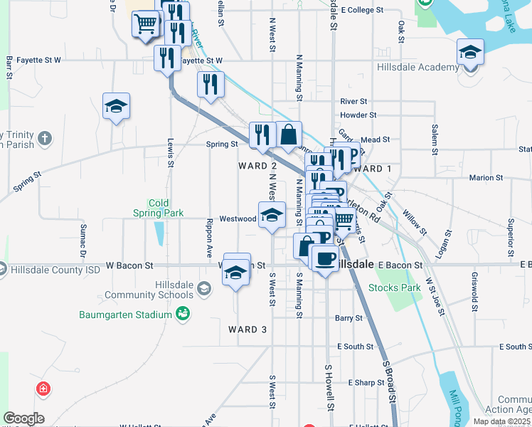 map of restaurants, bars, coffee shops, grocery stores, and more near 11 Westwood Street in Hillsdale