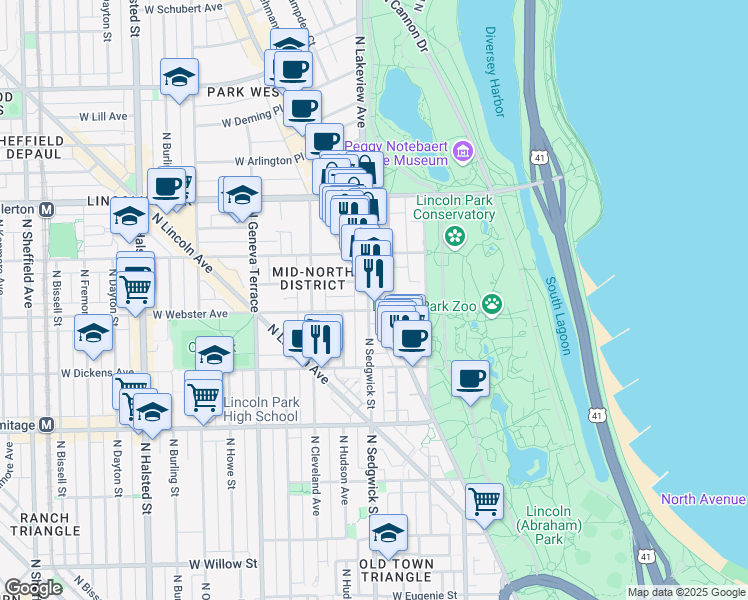map of restaurants, bars, coffee shops, grocery stores, and more near 400 West Webster Avenue in Chicago