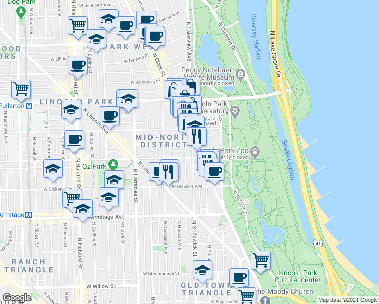 map of restaurants, bars, coffee shops, grocery stores, and more near 400 West Webster Avenue in Chicago