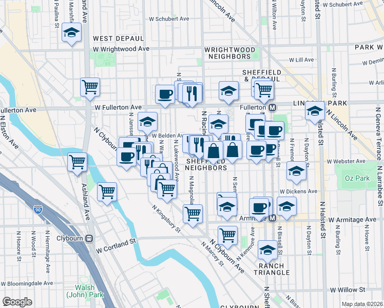 map of restaurants, bars, coffee shops, grocery stores, and more near 1240 West Webster Avenue in Chicago