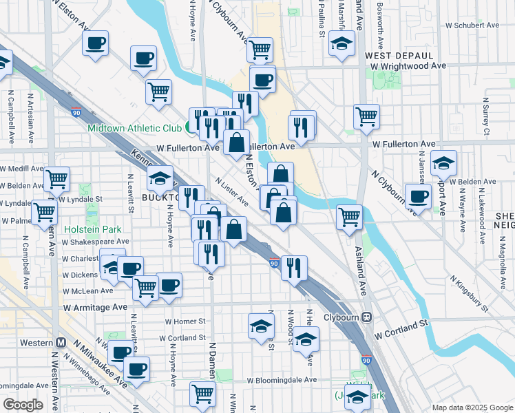 map of restaurants, bars, coffee shops, grocery stores, and more near 2244 North Lister Avenue in Chicago