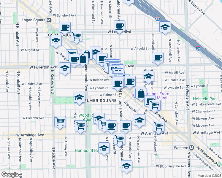 map of restaurants, bars, coffee shops, grocery stores, and more near 2842 West Palmer Street in Chicago