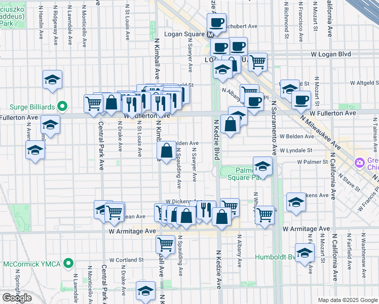 map of restaurants, bars, coffee shops, grocery stores, and more near 2228 North Sawyer Avenue in Chicago