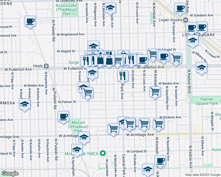 map of restaurants, bars, coffee shops, grocery stores, and more near 2234 North Monticello Avenue in Chicago