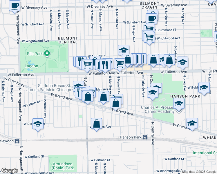 map of restaurants, bars, coffee shops, grocery stores, and more near 2270 North Monitor Avenue in Chicago