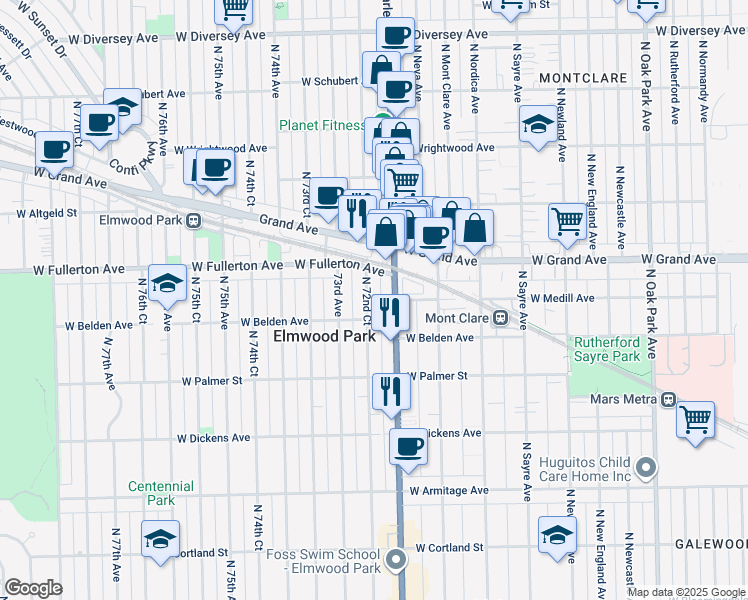 map of restaurants, bars, coffee shops, grocery stores, and more near 2305 North 72nd Court in Elmwood Park