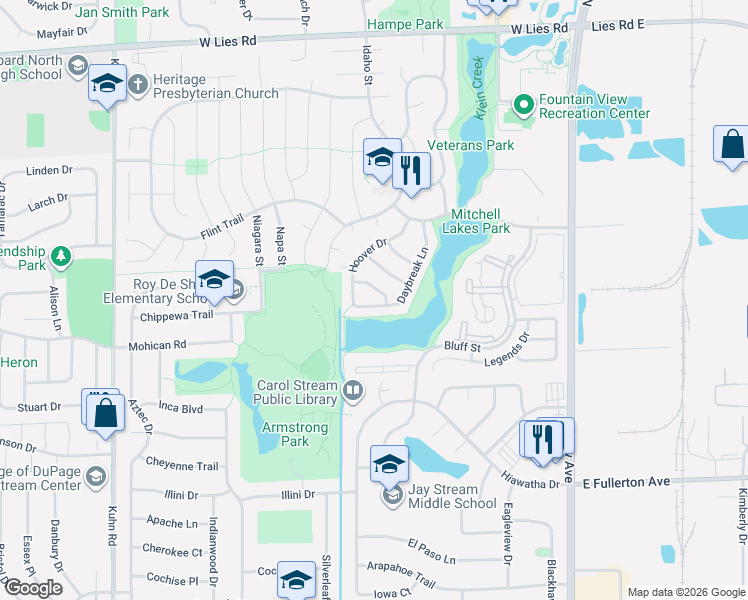 map of restaurants, bars, coffee shops, grocery stores, and more near 705 Daybreak Lane in Carol Stream