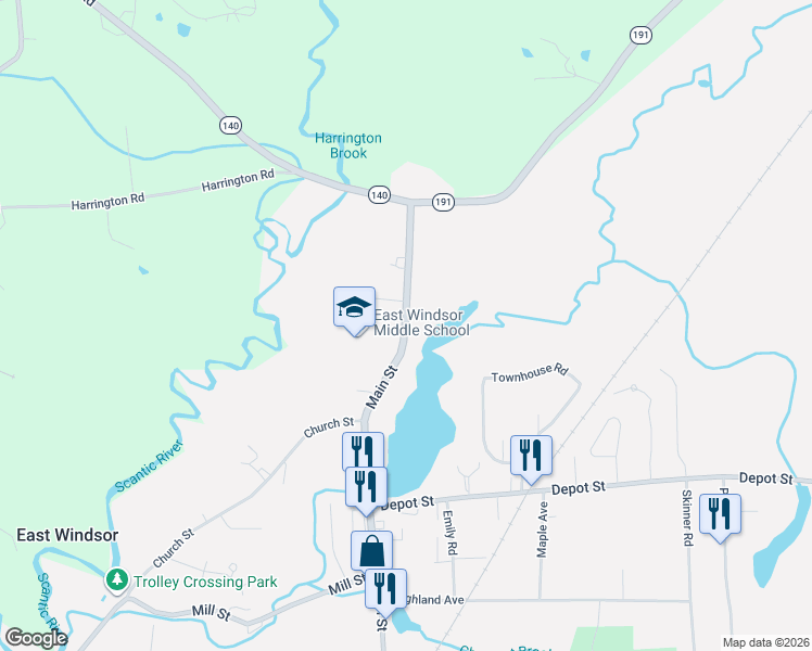 map of restaurants, bars, coffee shops, grocery stores, and more near 41 Main Street in East Windsor