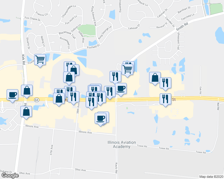 map of restaurants, bars, coffee shops, grocery stores, and more near 125 Smith Road in St. Charles