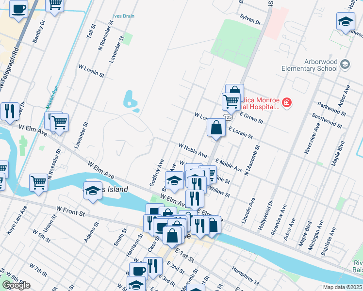 map of restaurants, bars, coffee shops, grocery stores, and more near 206 West Noble Avenue in Monroe