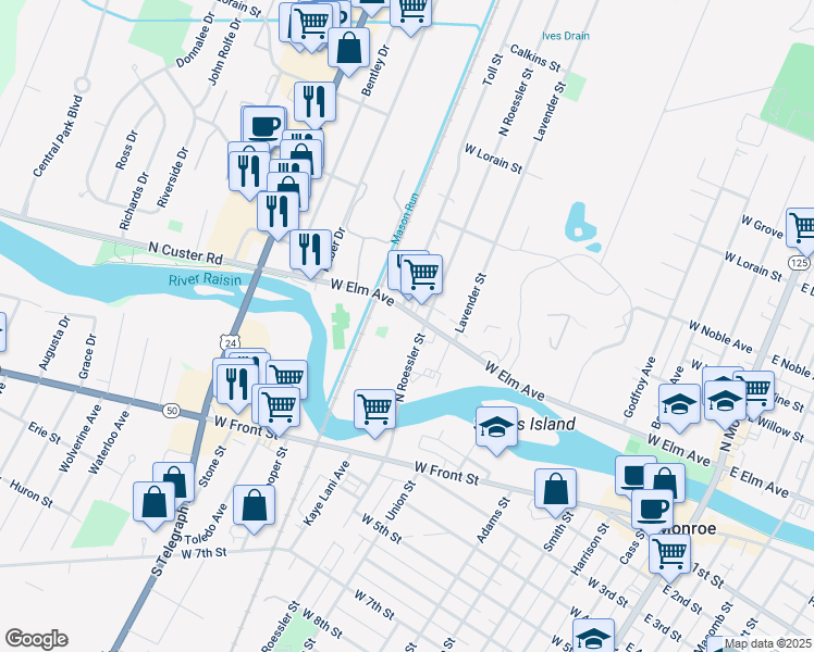 map of restaurants, bars, coffee shops, grocery stores, and more near 77 North Roessler Street in Monroe