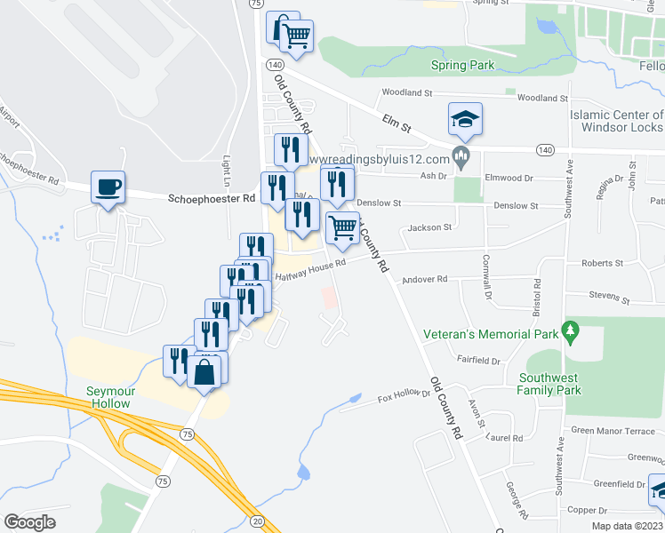map of restaurants, bars, coffee shops, grocery stores, and more near 9 Concorde Way in Windsor Locks