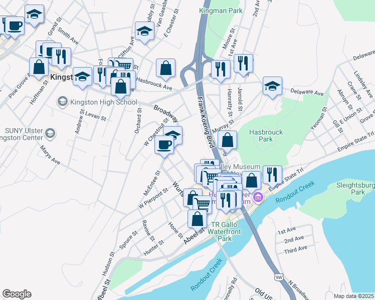 map of restaurants, bars, coffee shops, grocery stores, and more near 160 Broadway in Kingston