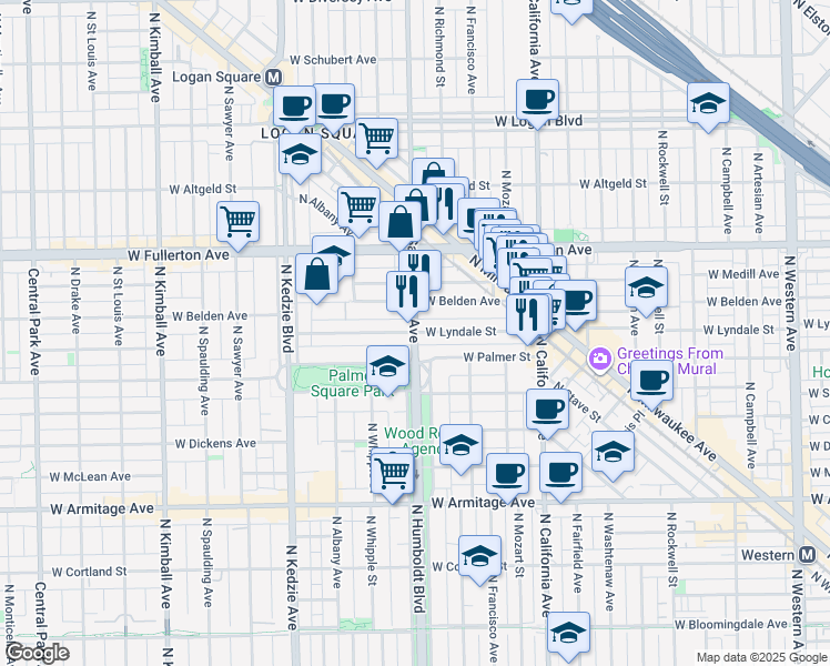map of restaurants, bars, coffee shops, grocery stores, and more near N Sacramento Ave & W Lyndale St in Chicago