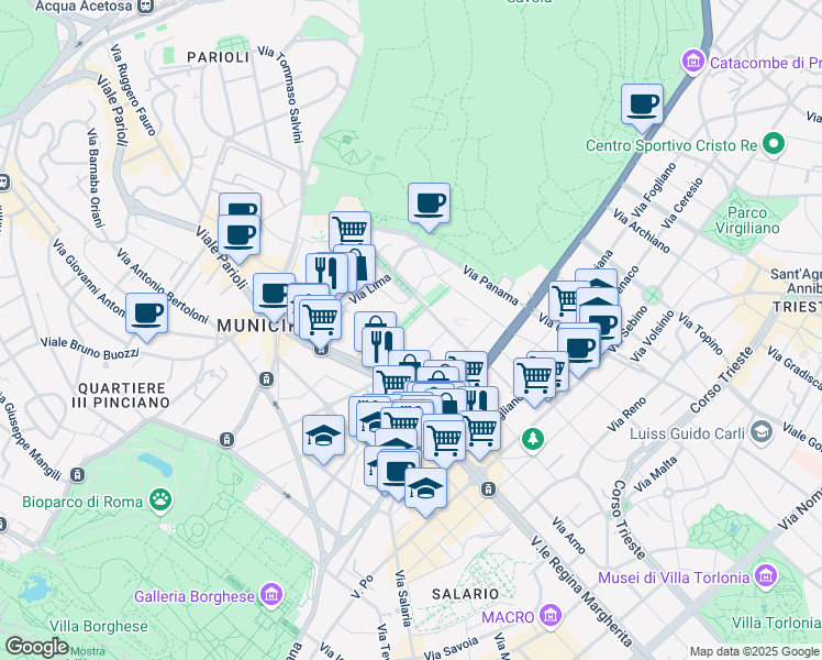 map of restaurants, bars, coffee shops, grocery stores, and more near 15 Via Lovanio in Rome