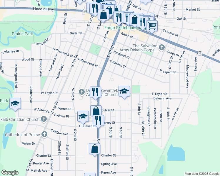 map of restaurants, bars, coffee shops, grocery stores, and more near 507 East Taylor Street in DeKalb