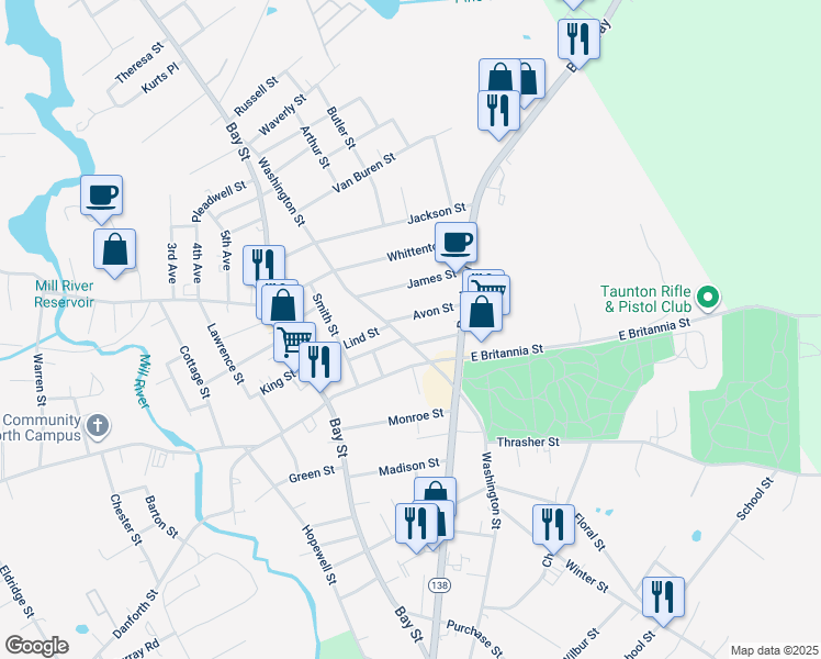 map of restaurants, bars, coffee shops, grocery stores, and more near 333 Washington Street in Taunton