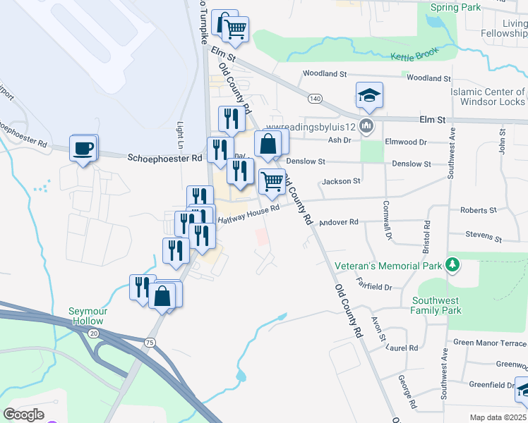 map of restaurants, bars, coffee shops, grocery stores, and more near 565 Halfway House Road in Windsor Locks