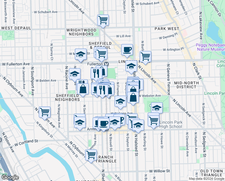 map of restaurants, bars, coffee shops, grocery stores, and more near 940 West Webster Avenue in Chicago