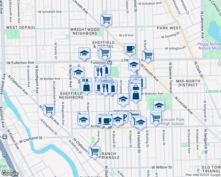 map of restaurants, bars, coffee shops, grocery stores, and more near 940 West Webster Avenue in Chicago