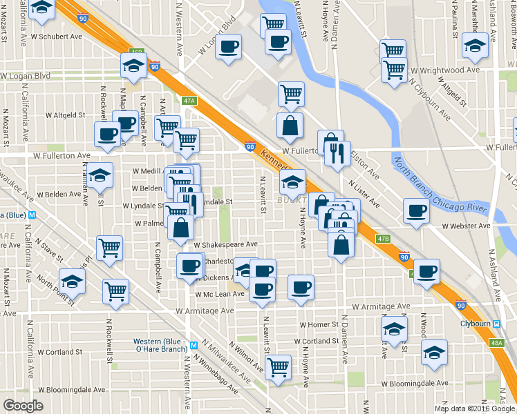 map of restaurants, bars, coffee shops, grocery stores, and more near 2221 North Leavitt Street in Chicago