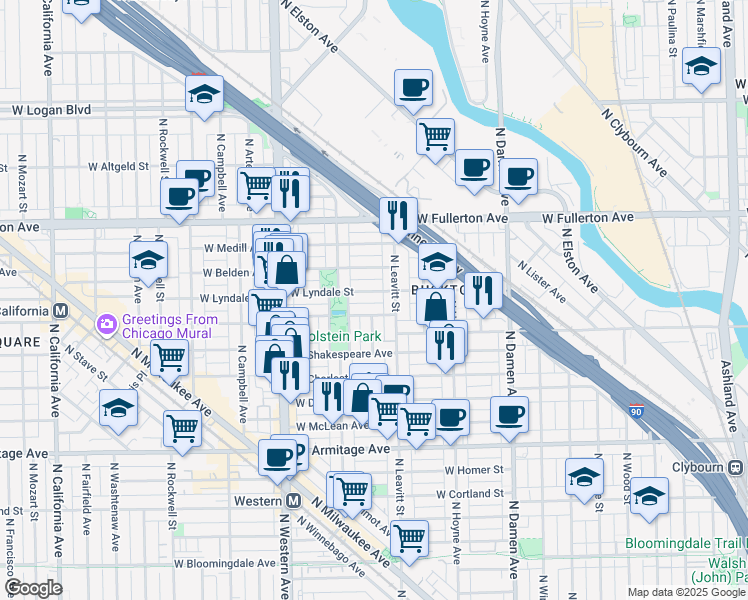 map of restaurants, bars, coffee shops, grocery stores, and more near 2234 West Palmer Street in Chicago