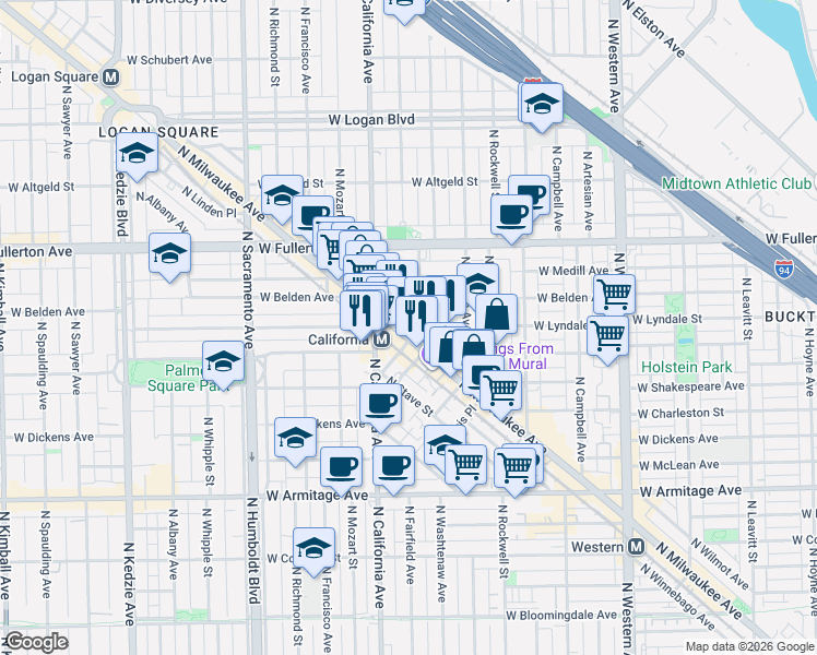 map of restaurants, bars, coffee shops, grocery stores, and more near 2262 North Milwaukee Avenue in Chicago